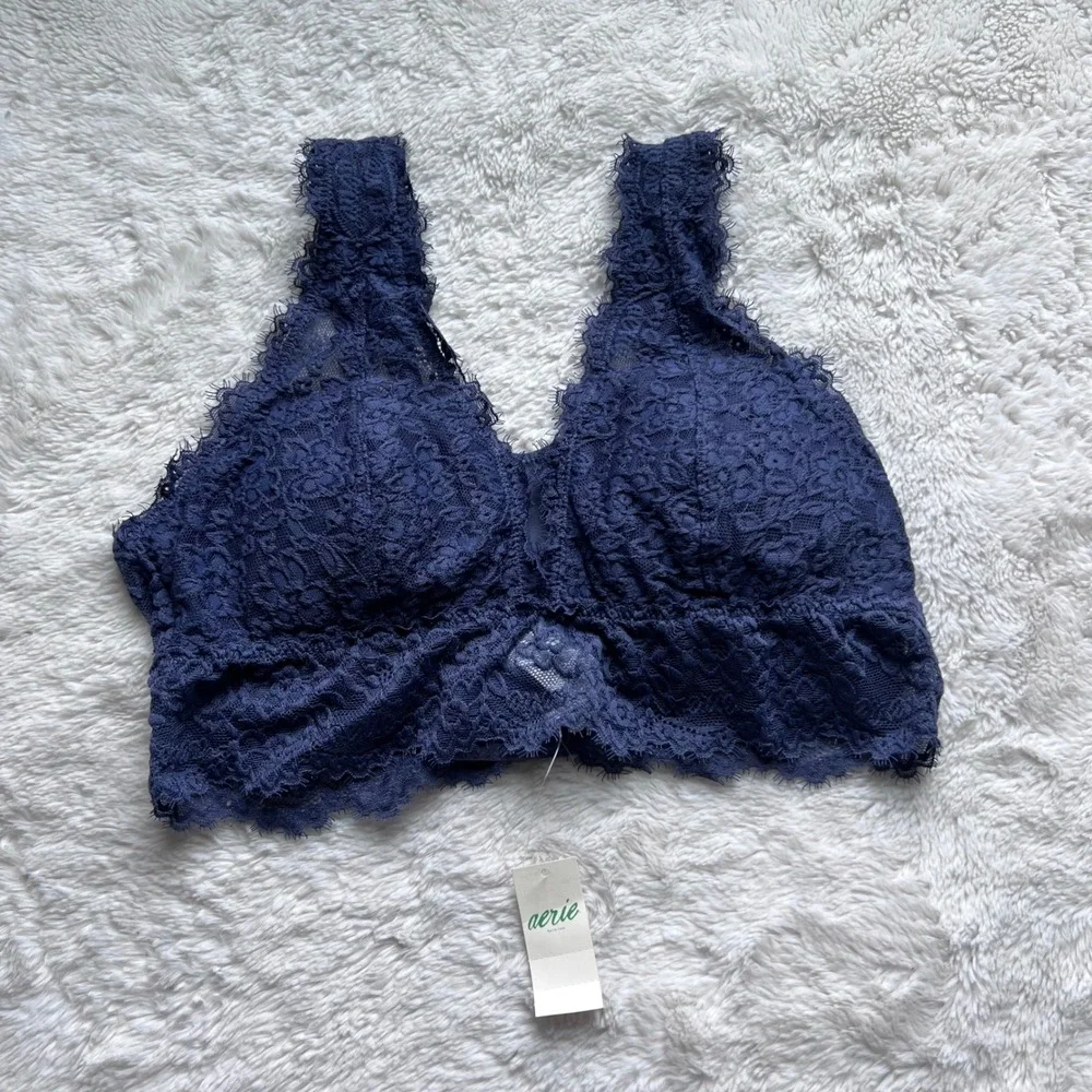 Aerie Real Good Navy Blue Floral Lace Padded Longline Bralette 069-1697-3177 M